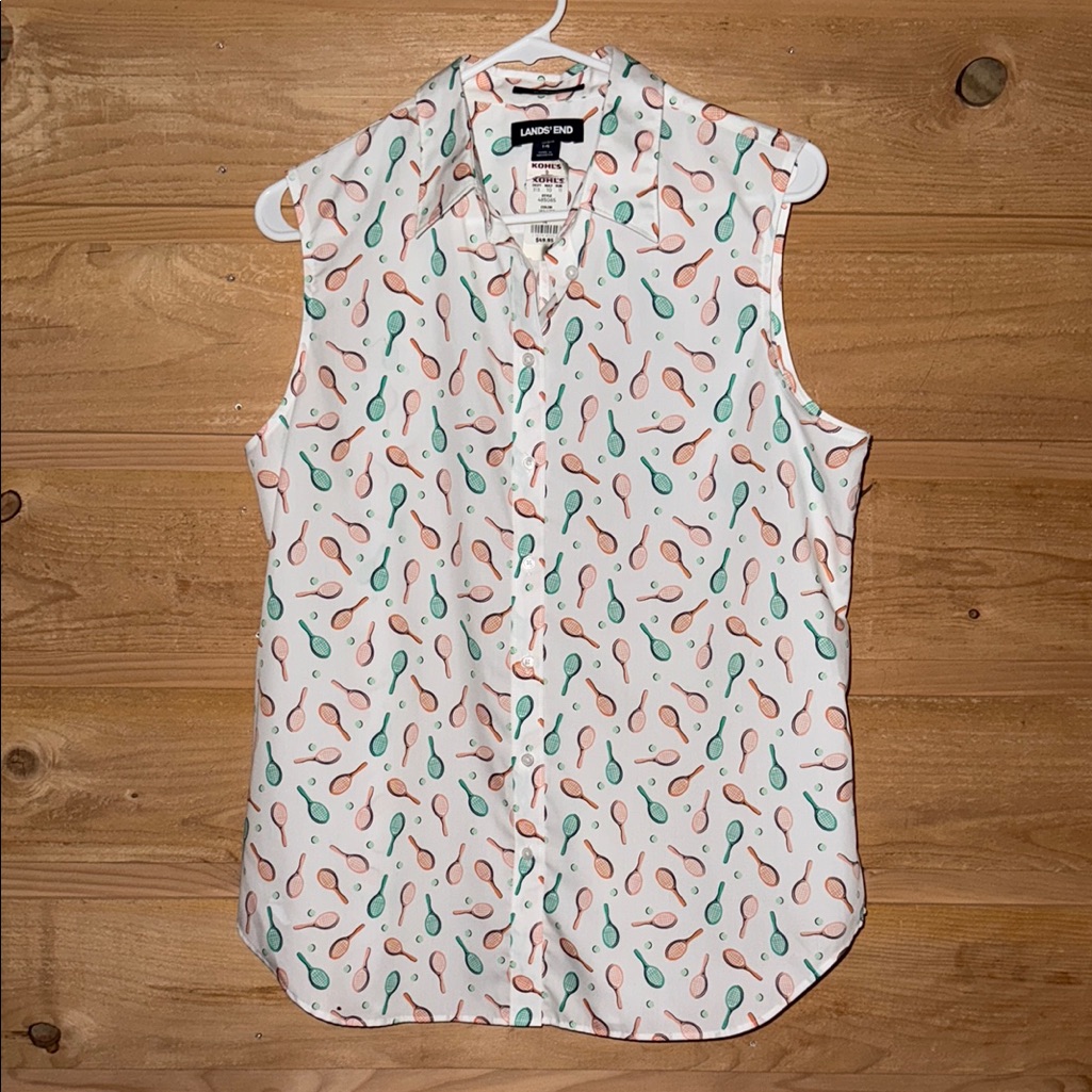 Lands' End Tennis Rackets Button Down Shirt With Mandarin Collar No Iron Supima